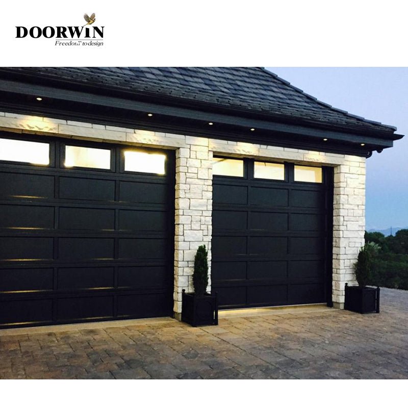 Automatic combined light transmission electric aluminum garage door with wood color - Doorwin Group Windows & Doors