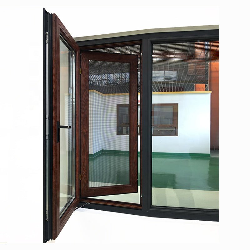 Brown color thermal break aluminum out-swing windows with mosquito nets by Doorwin - Doorwin Group Windows & Doors