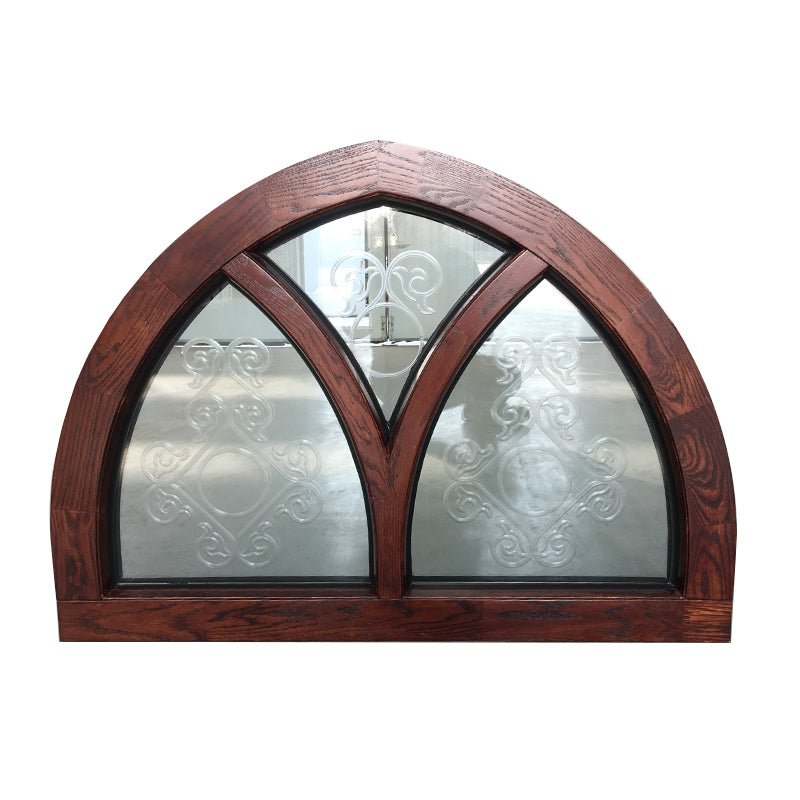 Fantastic arched oak wood window frame fixed transom and bottom rectangle window with carved glass - Doorwin Group Windows & Doors