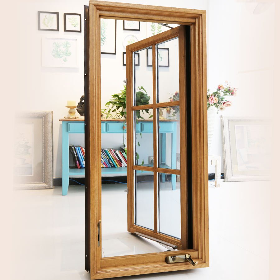 American Casement Window Foldable crank handle aluminum clad solid oak wood window with grill design - Doorwin Group Windows & Doors