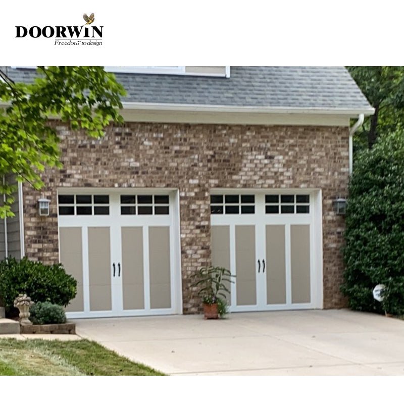 Automatic combined light transmission electric aluminum garage door with wood color - Doorwin Group Windows & Doors