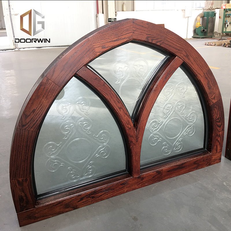 Fantastic arched oak wood window frame fixed transom and bottom rectangle window with carved glass - Doorwin Group Windows & Doors