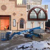 Fantastic arched oak wood window frame fixed transom and bottom rectangle window with carved glass - Doorwin Group Windows & Doors