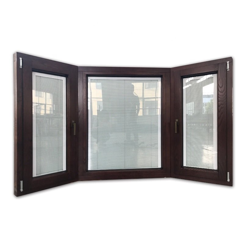 Los Angles custom design OAK wooden aluminum 10 foot 3 panel bay window with internal blinds inside - Doorwin Group Windows & Doors